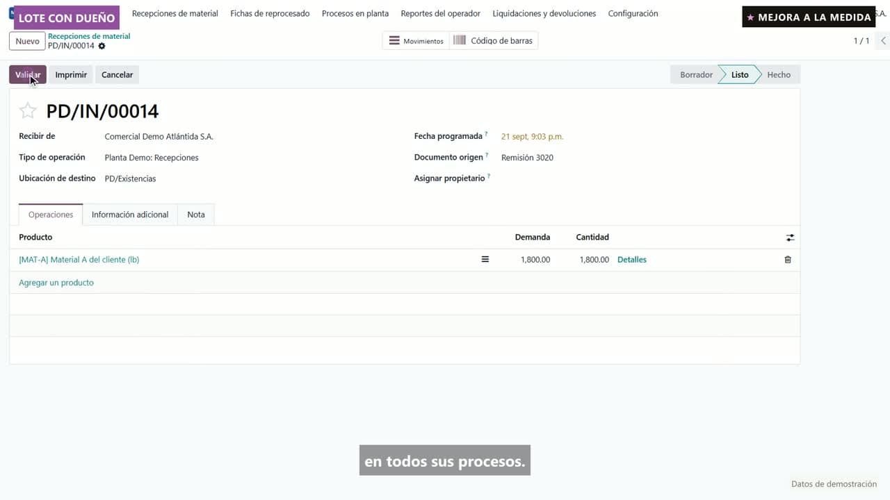 Vista del video: Material del cliente, con dueño y lote desde que entra